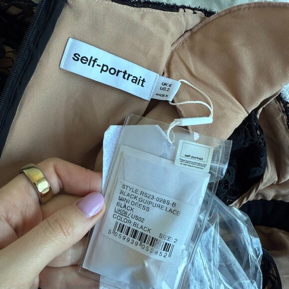 NWT Self-Portrait Guipure Lace Mini Dress In Black Gold-tone Buttons Square Neck - Picture 2 of 7